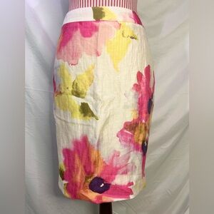 Pink Flowers Skirt Linen Pencil Watercolor Colorful Fairy Whimsical NWT Sz 8